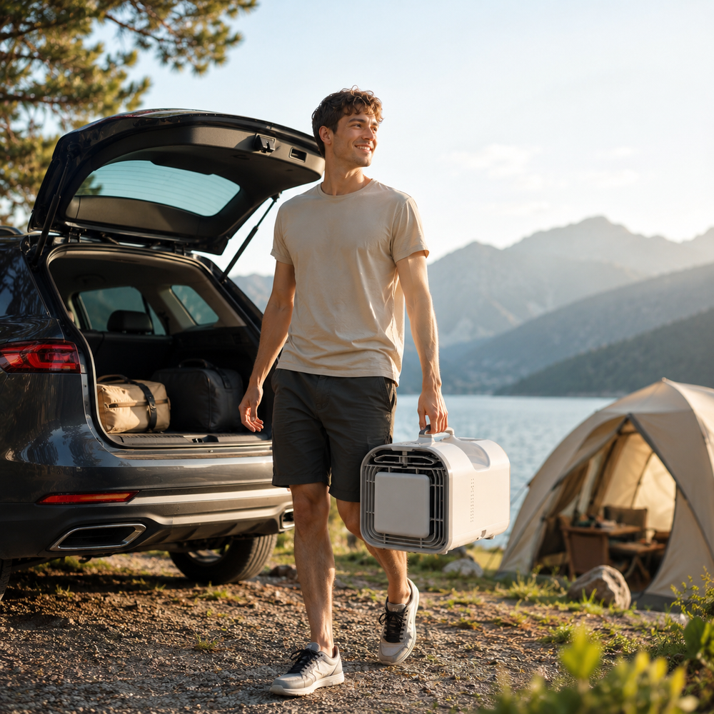 Portable air conditioner at a parked vehicle campsite