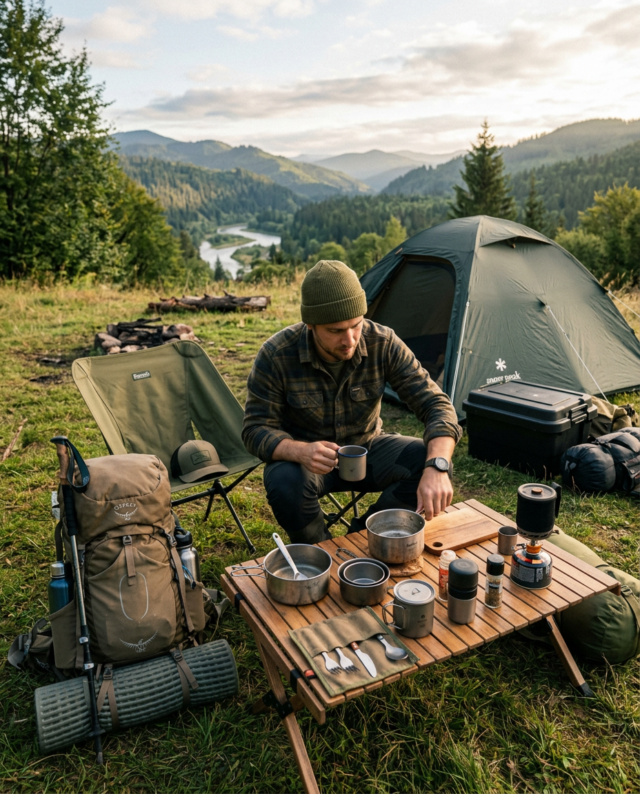 Outdoor camp setup with backpack and cooking gear