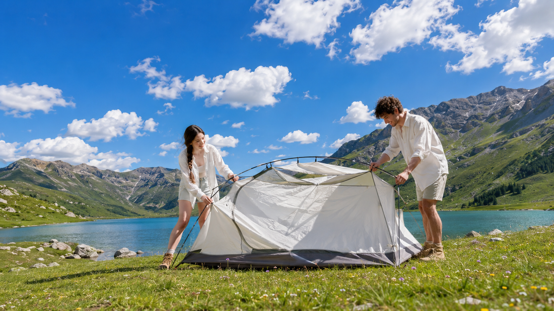 Young campers setting up a tent beside a bright alpine lake