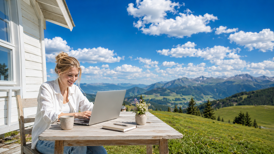 Bright outdoor workspace beside a mountain cabin
