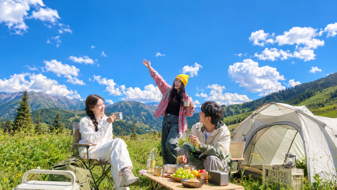 Friends enjoying a bright mountain campsite
